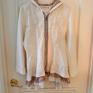 4 Love and Liberty- Johnny Was Ruffle Embroidered Hoodie in Antique White -Sz S